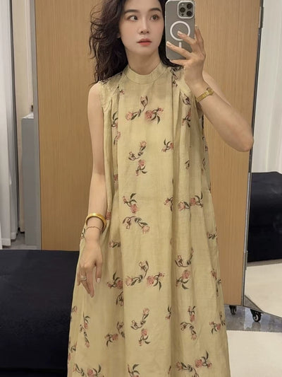 Babakud Summer Retro Ramie Floral Sleeveless Loose A-Line Dress