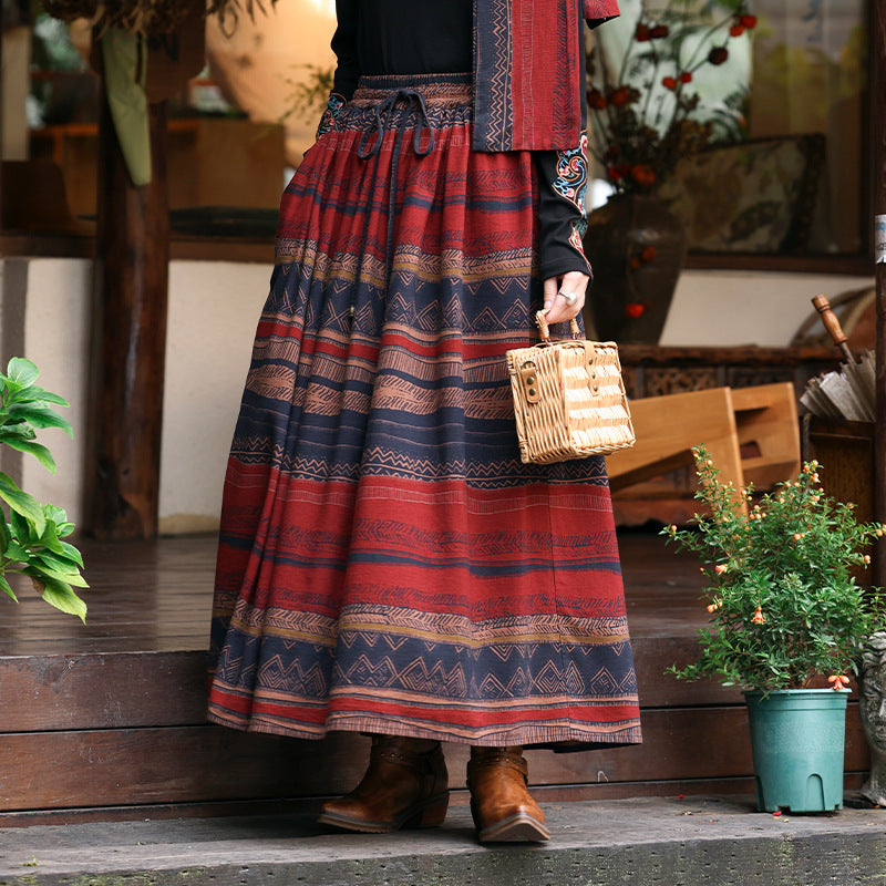 Fashion Ethnic Style Printed Contrast Color Cotton Linen Skirt