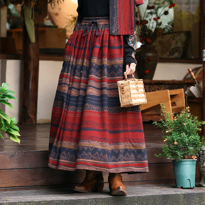 Fashion Ethnic Style Printed Contrast Color Cotton Linen Skirt