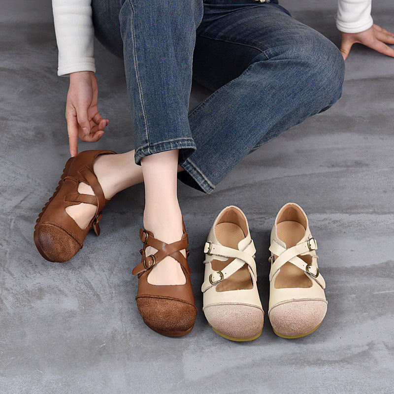 Genuine Leather Retro Casual Patchwork Crossing Straped Shoes