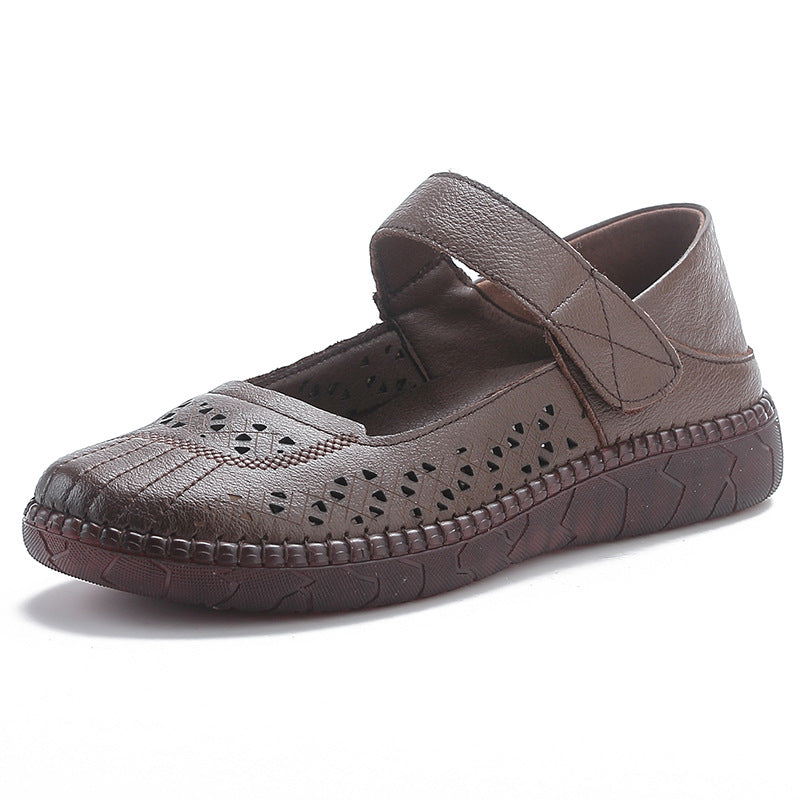 Women Retro Summer Genuine Leather Velcro Platform Sandals