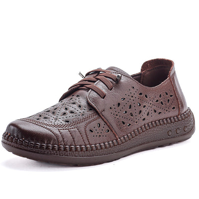 Women Summer Genuine Leather Ethnic Style Hollow Peep Toe Sandals