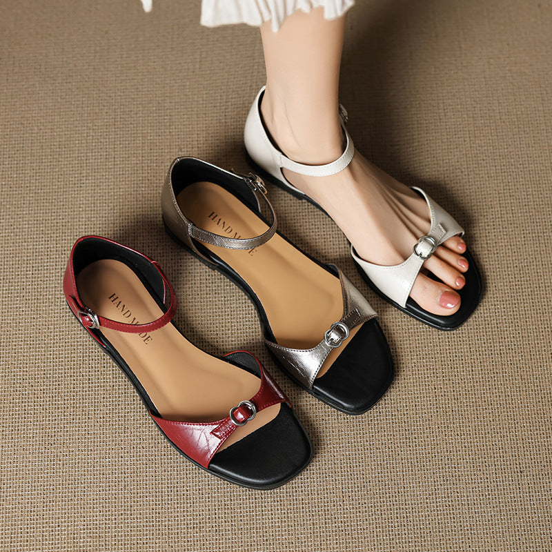 Retro Leather Soft Flat Sole Open Toe One Strap Sandals