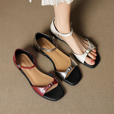 Retro Leather Soft Flat Sole Open Toe One Strap Sandals