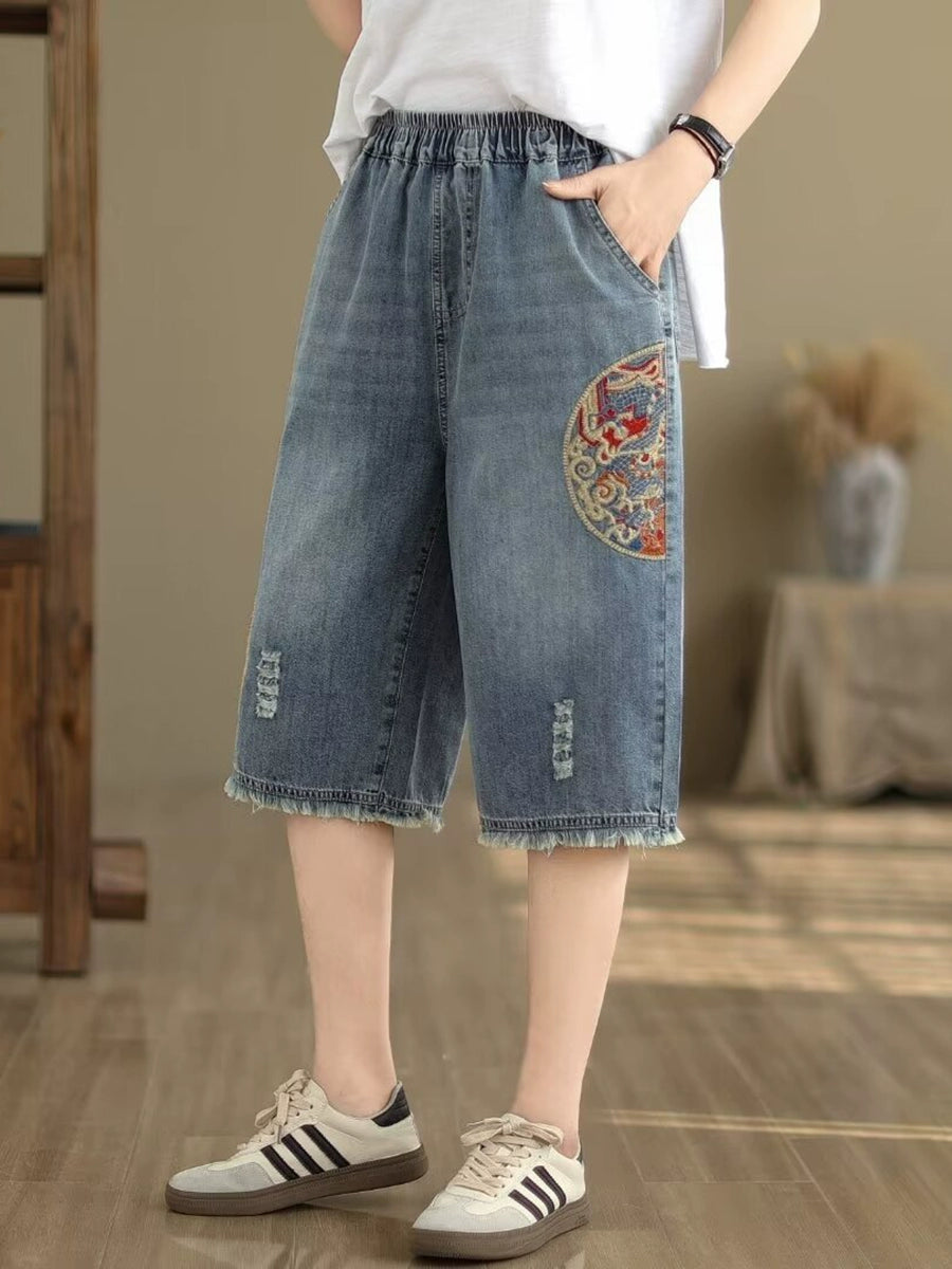 Women Summer Denim Embroidered Casual Loose Shorts