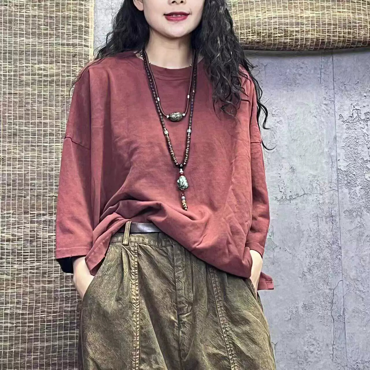 Babakud Women Retro Comfy Linen 3/4 Sleeves Loose T-shirt