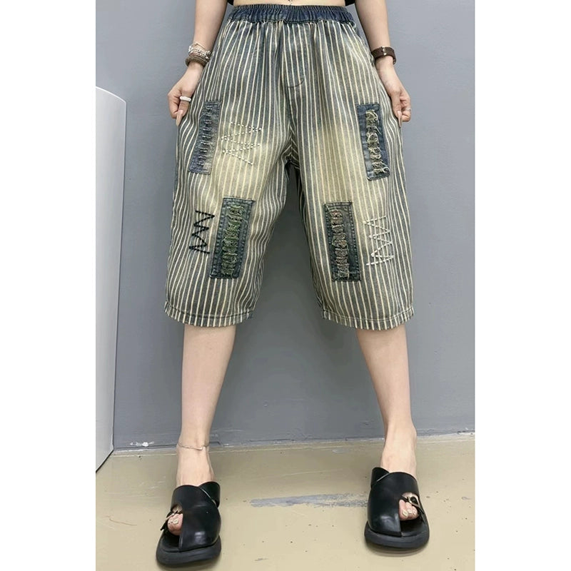 Summer Women Denim Loose Striped Patchwork Harem Shorts