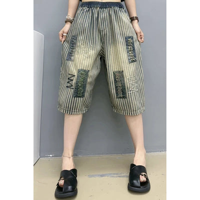 Summer Women Denim Loose Striped Patchwork Harem Shorts