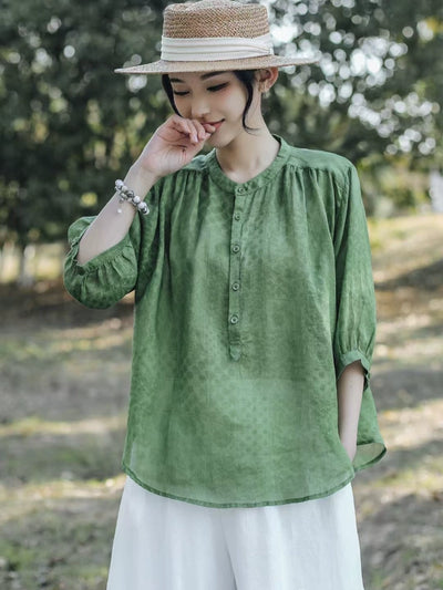 Summer Ramie Casual Subtle Pattern Round Neck Button Shirt