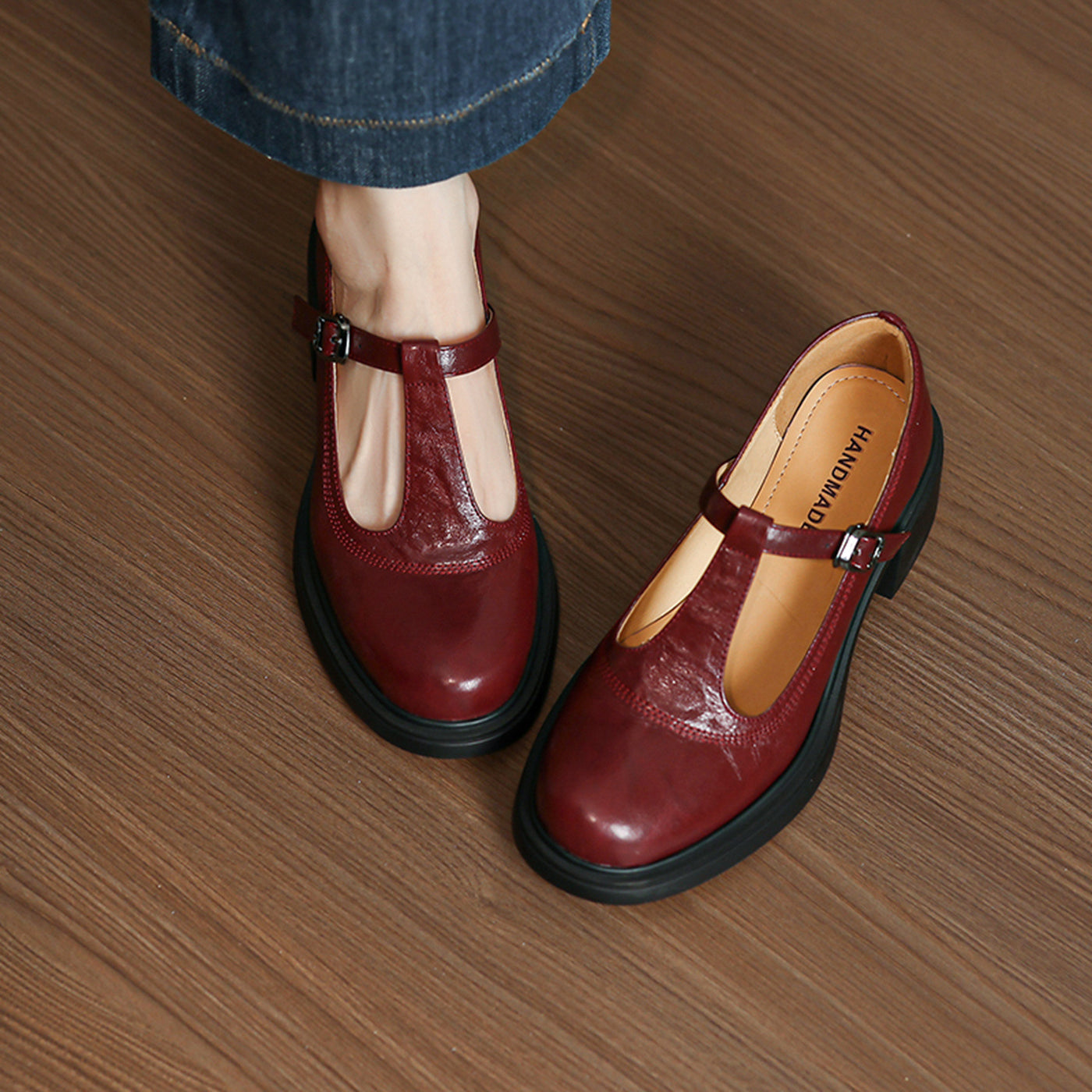 Retro Sheepskin Leather Round Toe One Straped Chunky Shoes