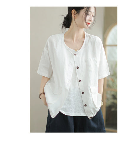 Babakud Summer Retro Linen Round Neck Short Sleeves Shirt