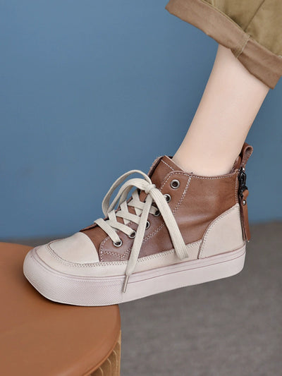 Women Retro Leather Patchwork Versatile Platform Shoes