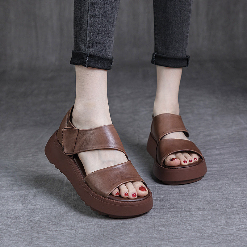 Summer Retro Genuine Leather Open Toe Thick Soft Flat Sandals