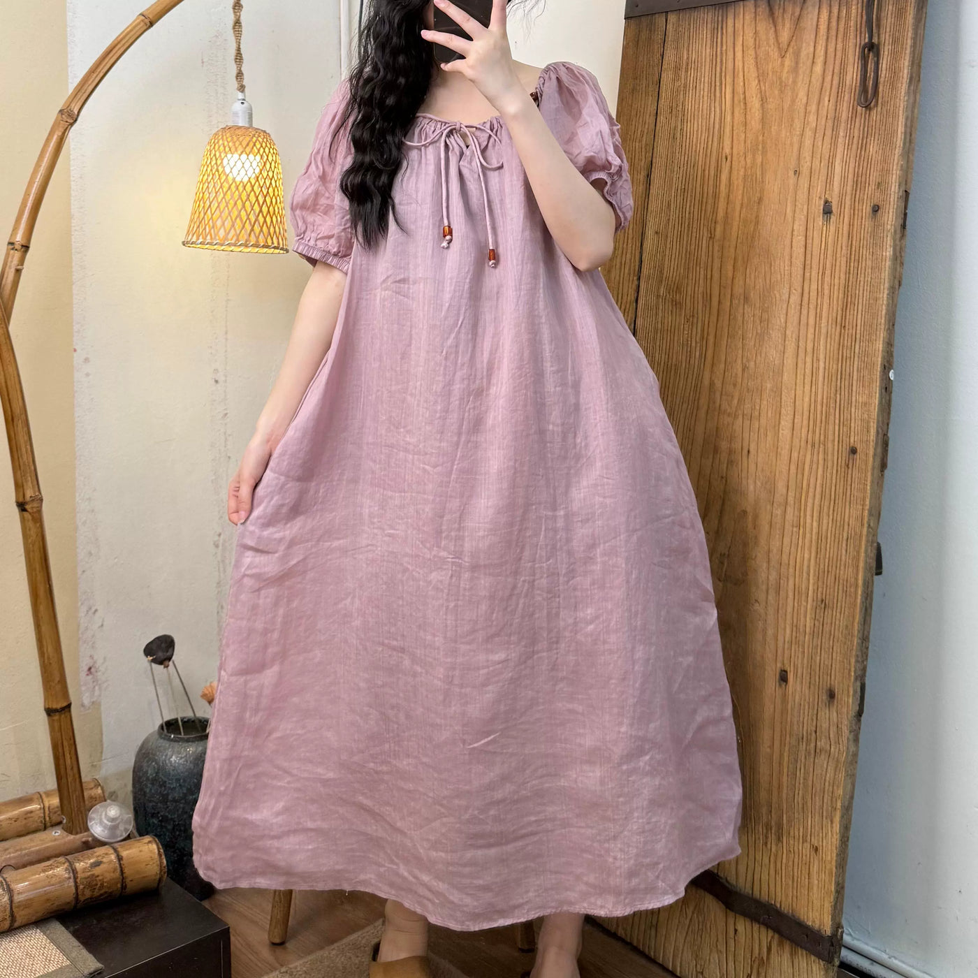 Women Summer Ramie Sweet Literary Double Layer Lace-Up Dress
