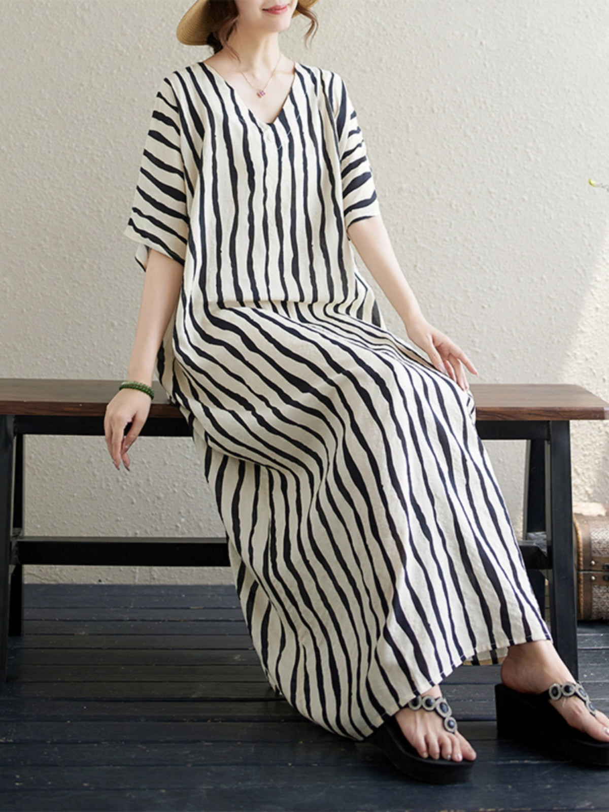 Spring Cotton Linen Stripe Loose Casual V- Neck Dress