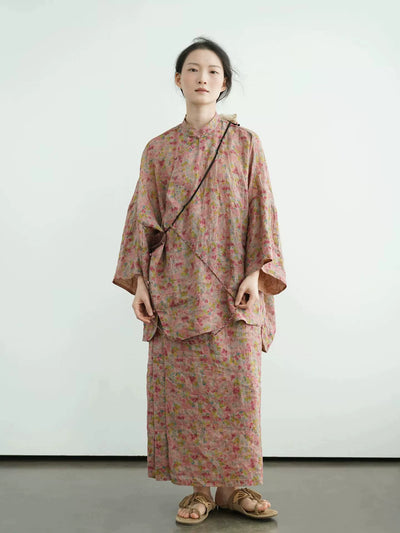 Babakud Women Retro Nation Ramie Stand Collar Floral Suit