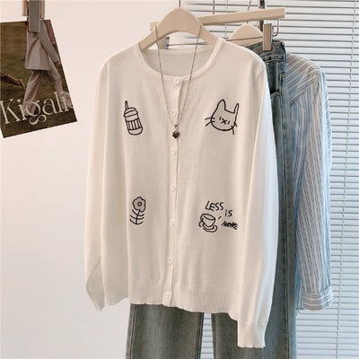 Women Retro Cute Knitted Embroidered Round Neck Cardigans