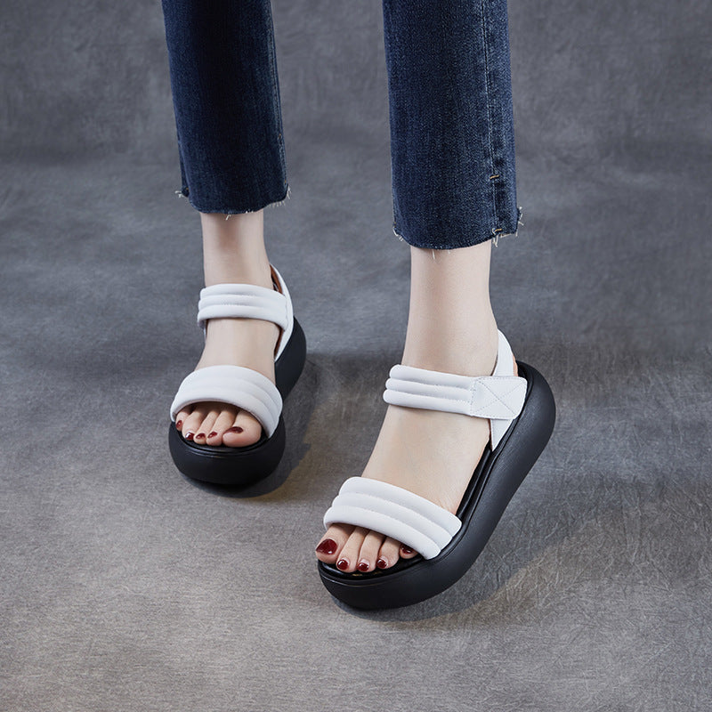 Women Summer Casual Leather Soft Platform Sole Velcro Sandals