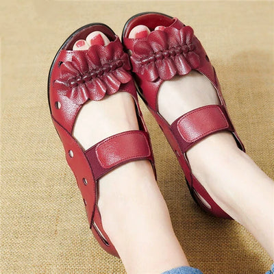 Women Summer Leather Soft Sole Hollow Out Anti-Slip Sandals