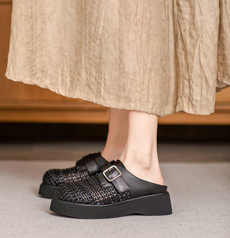 Ladies Casual Breathable Platform Sheepskin Woven Retro Slippers