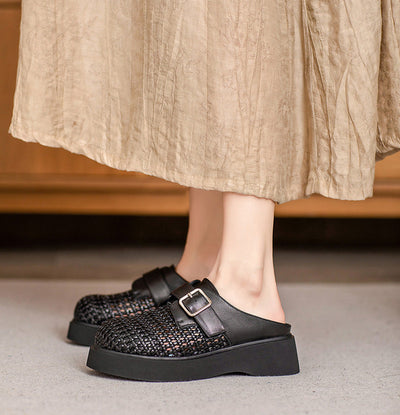 Ladies Casual Breathable Platform Sheepskin Woven Retro Slippers