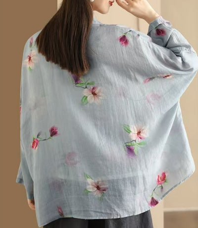 Ladies Vintage Printed Ramie Shirt Chinese Style Elegant Jacket