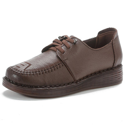 Women Retro Comfy Genuine Leather Platform Wedge Soft Sole Shoes