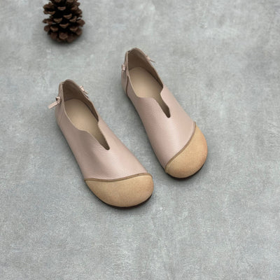 Ladies Retro Contrast Low Heeled Soft Leather Slip-On Shoes