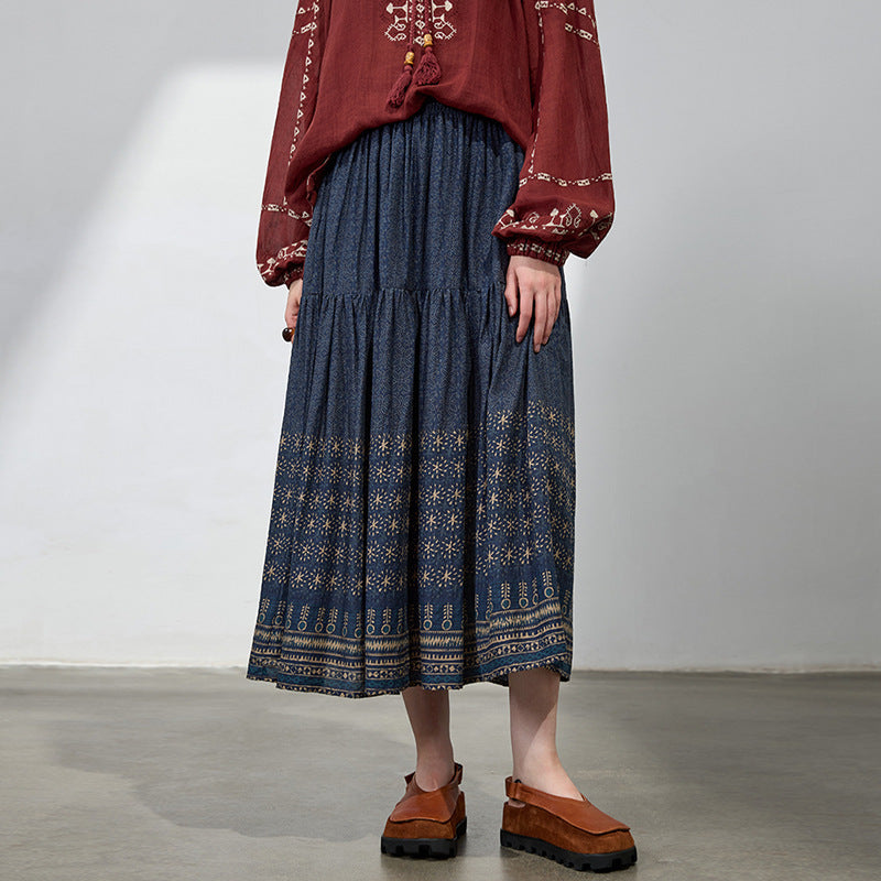 Summer Women Retro Cotton Loose Printed A-Line Skirts