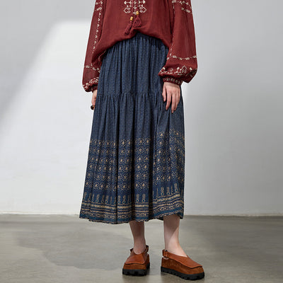 Summer Women Retro Cotton Loose Printed A-Line Skirts