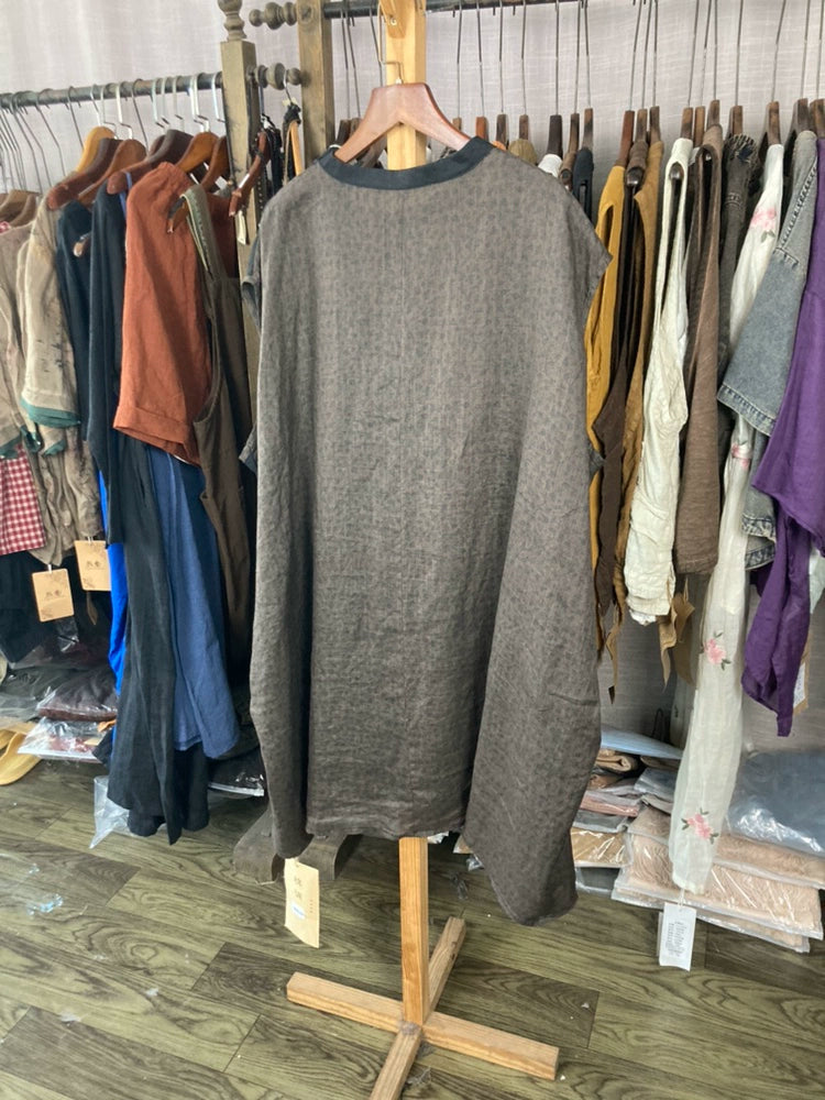 Summer Retro Ramie Patchwork Round Neck Sleeveless Dress