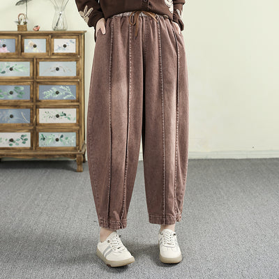 Women Spring Retro Denim Simple Solid Color Harem Pants