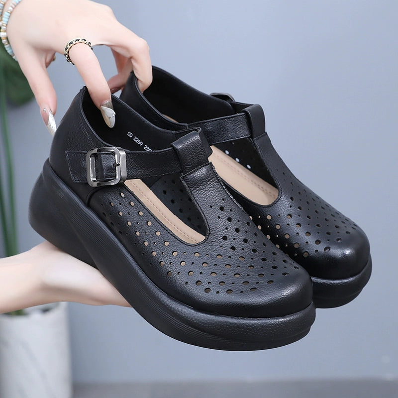 Women Summer Retro Leather Hollow Platform Sandals