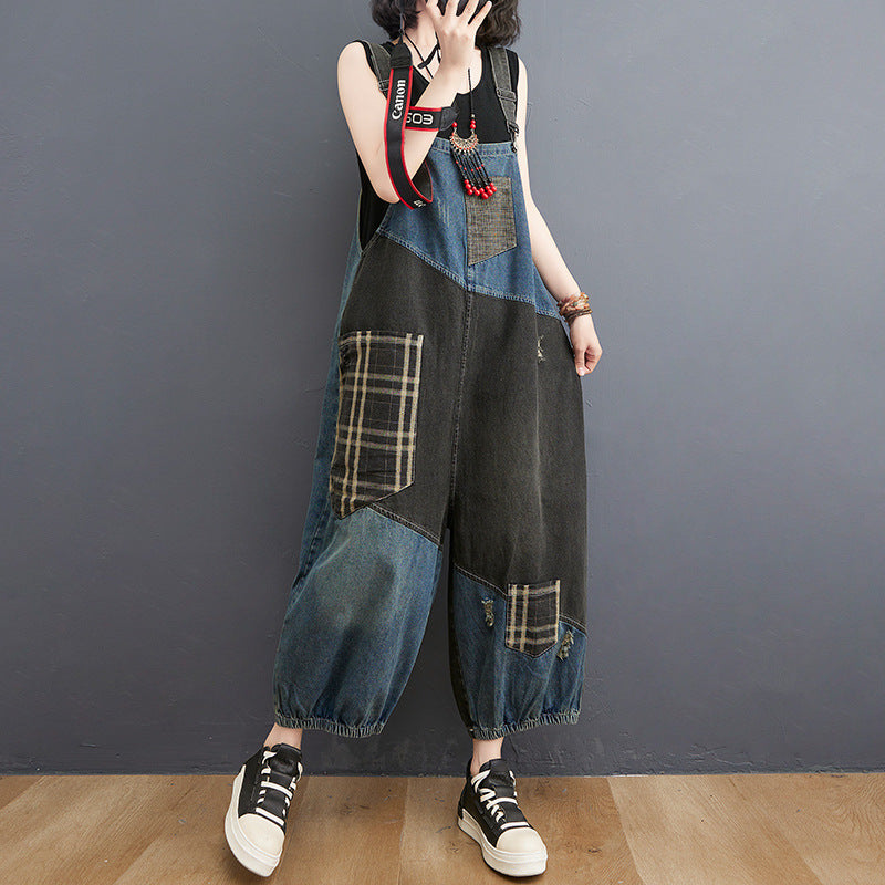 Women Spring Retro Denim Patchwork Plaid Casual Loose Jumpsuit