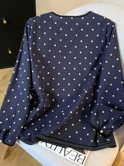 Women Autumn Cotton Round Neck Polka Dot Single-Breasted Shirt
