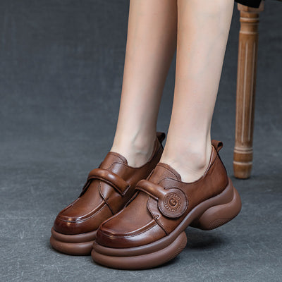 Women Retro Genuine Leather Wide Soft Sole Velcro Flats