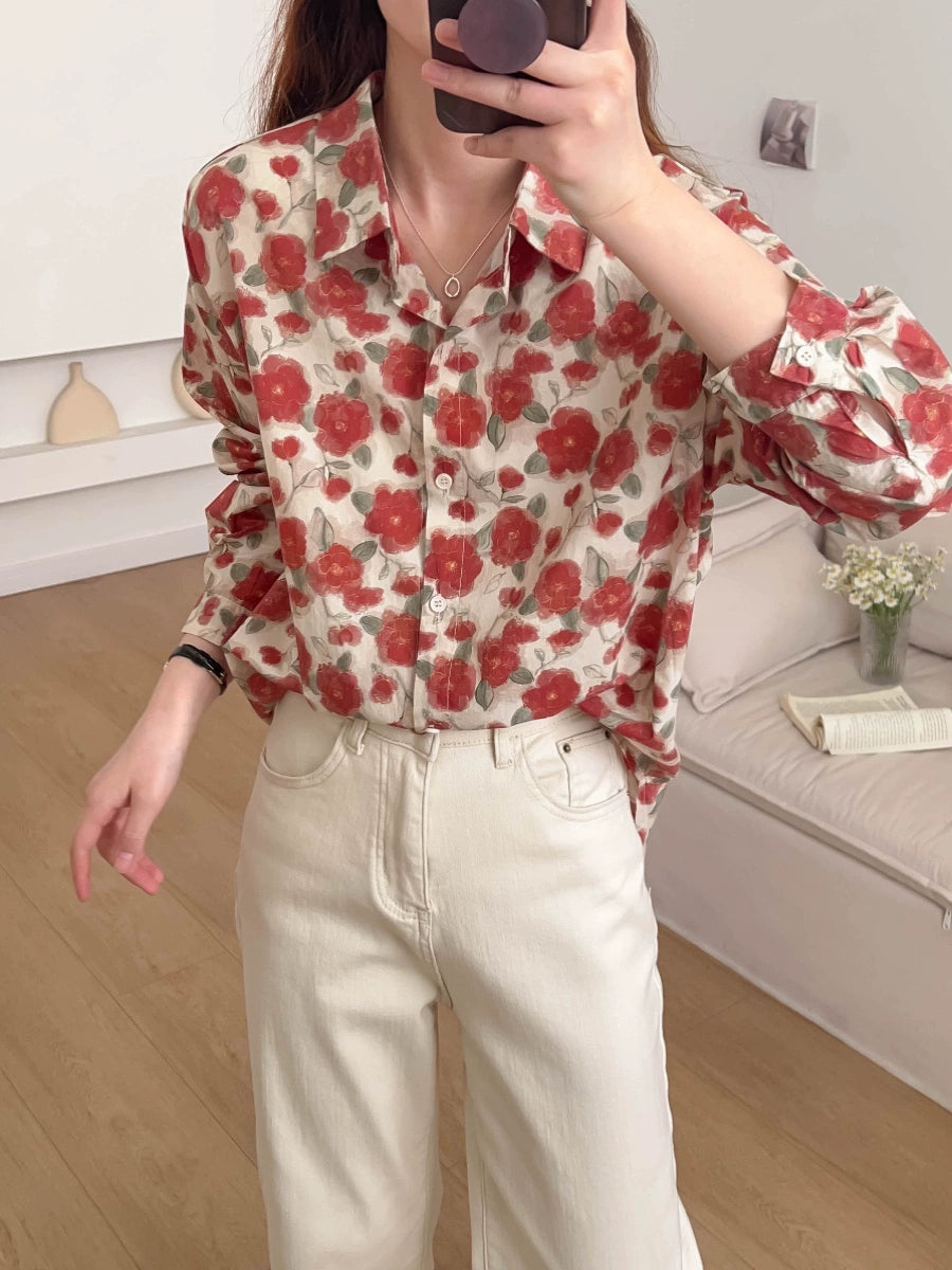 Women Retro Cotton Fashionable Floral Printed Loose Shirt