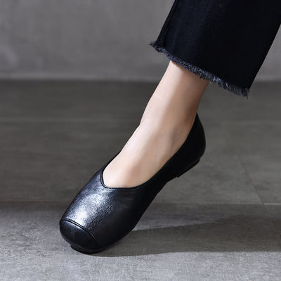 Women Retro Comfortable Square Toe Cowhide Flat Shoes Loafers