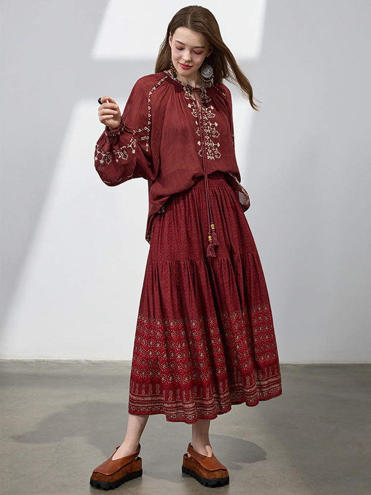 Summer Women Retro Cotton Loose Printed A-Line Skirts