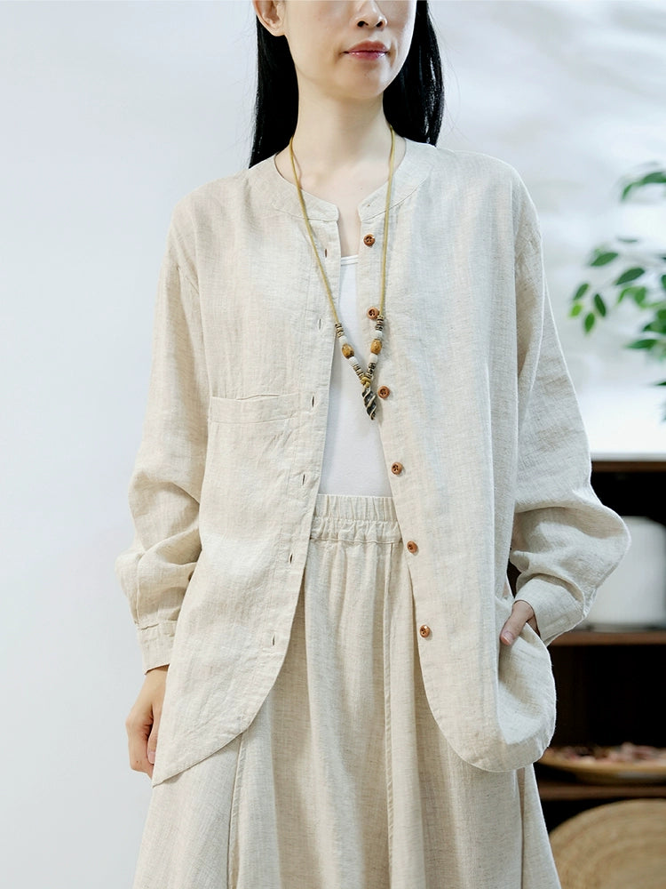Linen Washed Stand Collar Long Sleeves Loose Versatile Coat