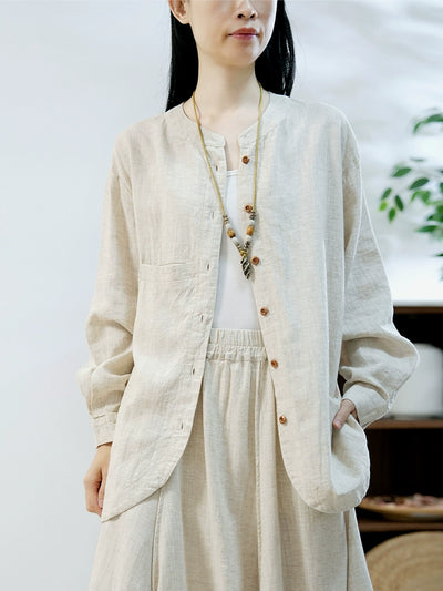 Linen Washed Stand Collar Long Sleeves Loose Versatile Coat