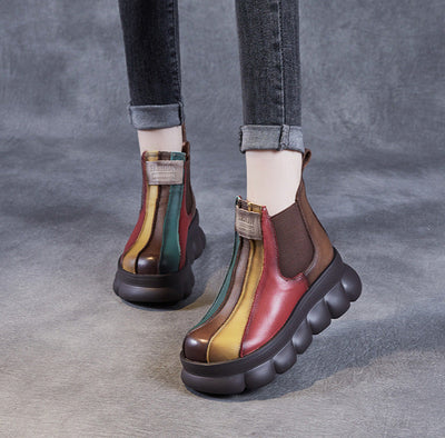 Multicolor Retro Chunky Sole Leather Ankle Boots for Women