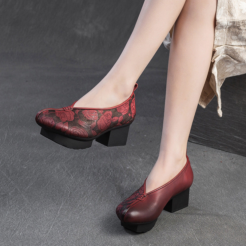 Ladies Vintage Floral Embossed Leather Block Heel Shoes
