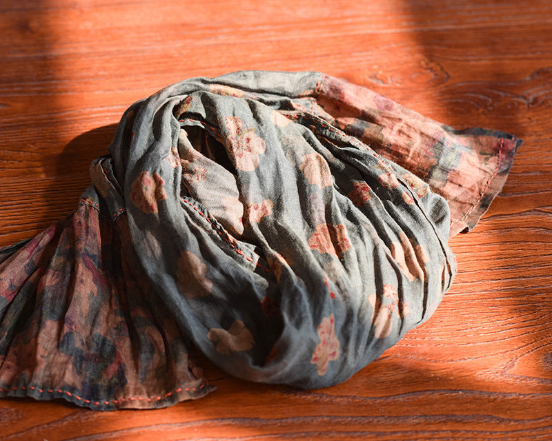 Vintage Distressed Printed Long Patchwork Ramie Scarf