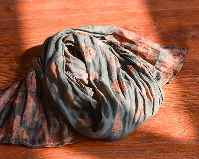 Vintage Distressed Printed Long Patchwork Ramie Scarf