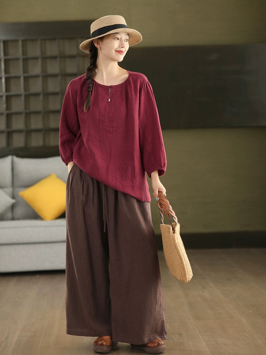 Autumn Retro Linen Round Neck Puff Sleeve Loose Shirt