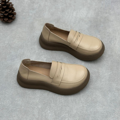 Women Retro Comfy Soft Platform Genuine Leather Slip-Ons