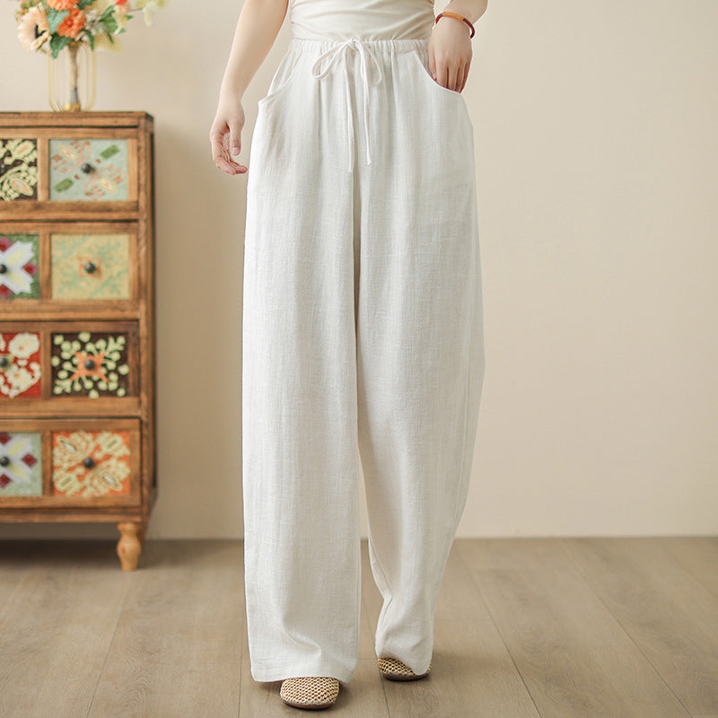 Summer Casual Cotton Linen Elastic Waist Lace-Up Loose Pants
