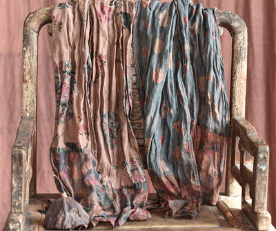 Vintage Distressed Printed Long Patchwork Ramie Scarf