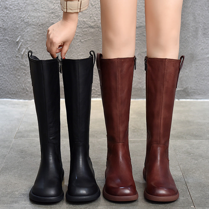 Autumn Genuine Leather Knee-High Side Zipper Boots